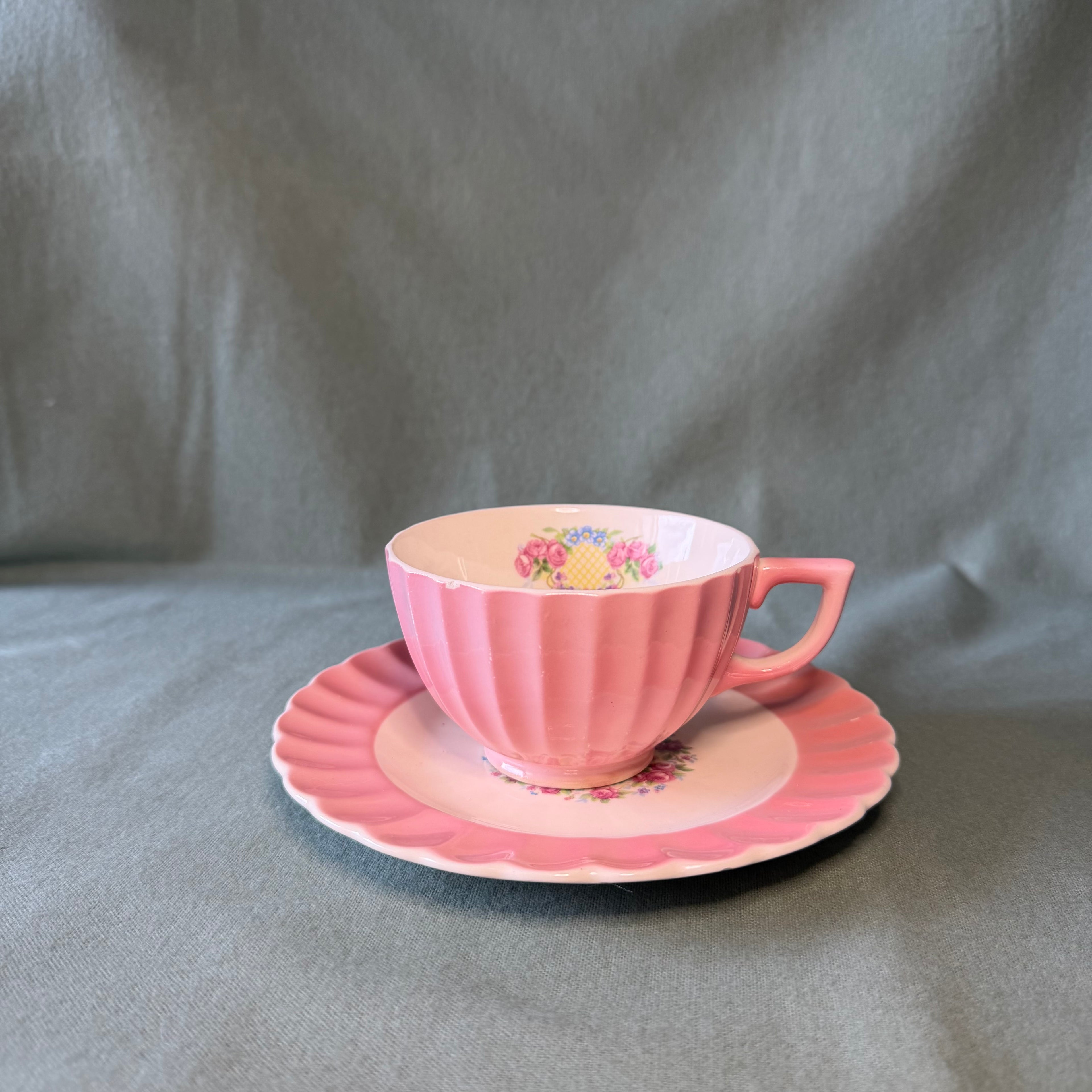 Pink Roses Teacup Pot and Saucer Drip Tray