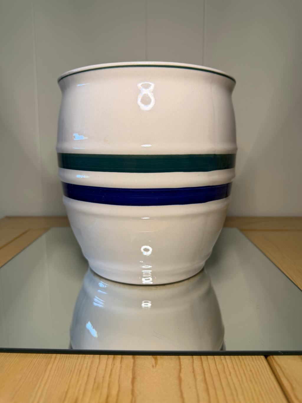Green and Blue Stripe Upcycled Cookie Jar Pot
