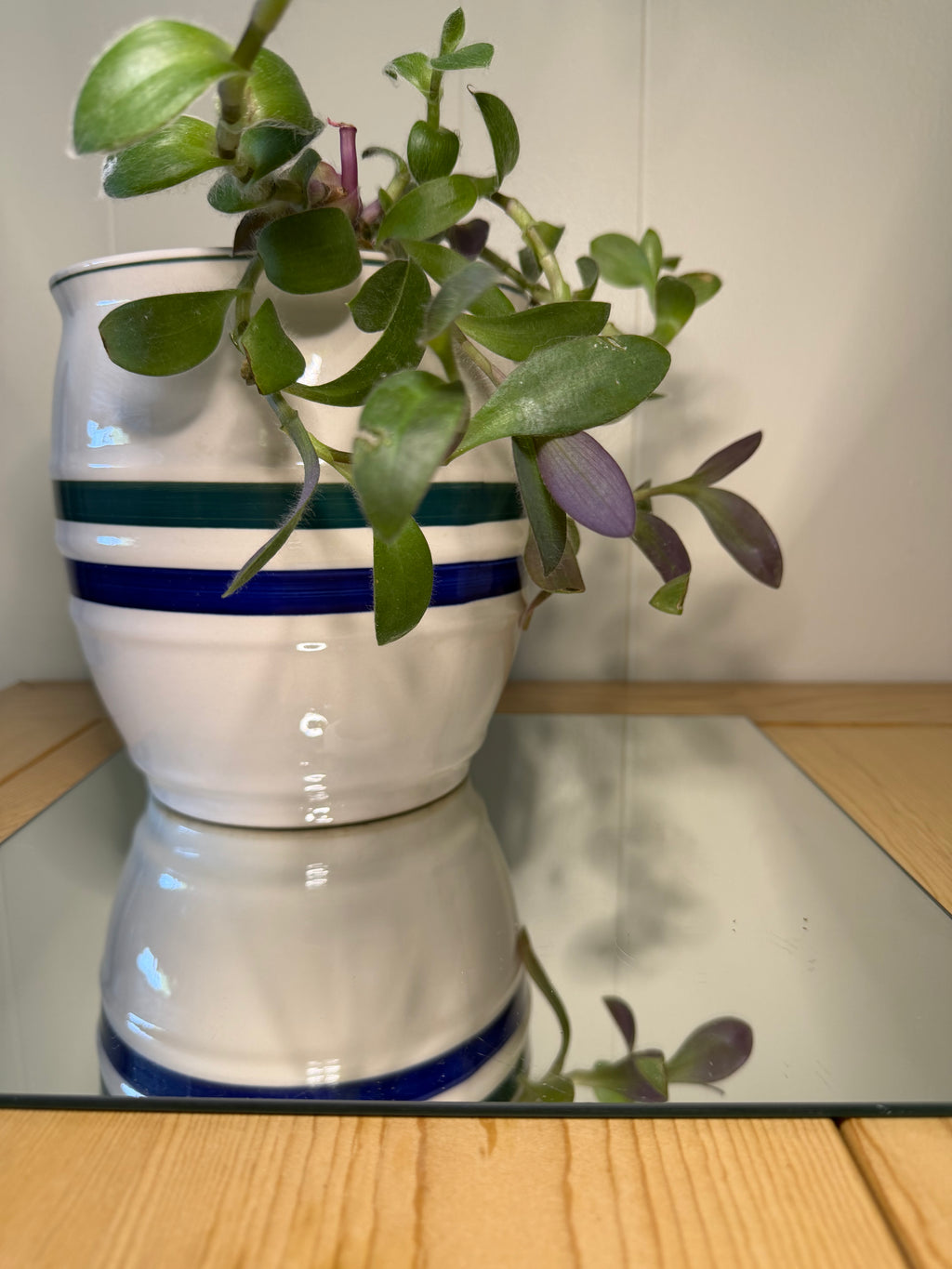 Green and Blue Stripe Upcycled Cookie Jar Pot